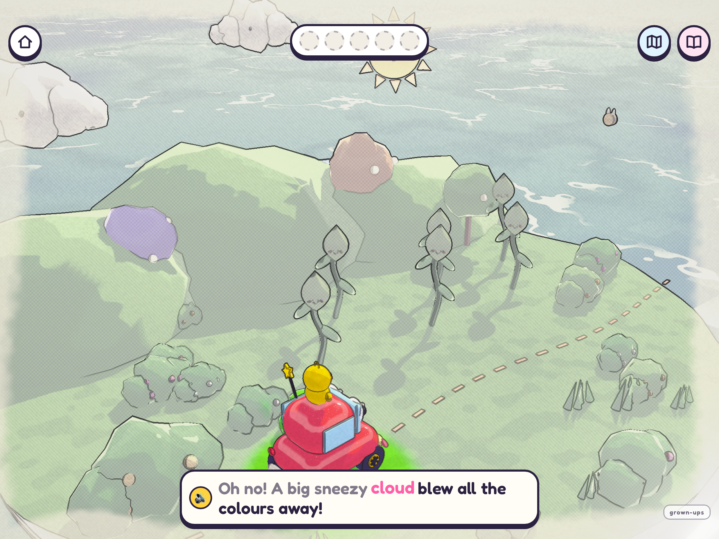 Pip and a bunny friend in a watercolor pop-up meadow, with touch controls and a spoken story caption.
